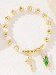 1 pièce Bracelet avec pendentif croix et perles, accessoire favori des clients, motif mode Saint-Jude. Convient pour un port quotidien ou festif, idéal pour une tenue décontractée ou en cadeau. Design minimaliste, plaqué or.