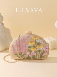 Bolso de mano de paja tejido a mano de LU VAVA con cadena dorada fija, bordado floral multicolor para boda en la playa, regalo para damas de honor bohemias, bolso para fiesta de picnic que cabe el teléfono