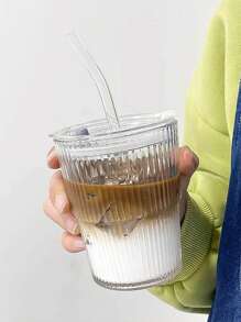 1 Striped Cup With Straw And Lid - 13.5oz/400ml, Visually Appealing Glass Cup, Heat-Resistant, Suitable For Coffee, Tea, Milk, Iced American Drinks, Dairy Drinks, Simple Drinking Cup, Christmas, Thanksgiving, Mother's Day.