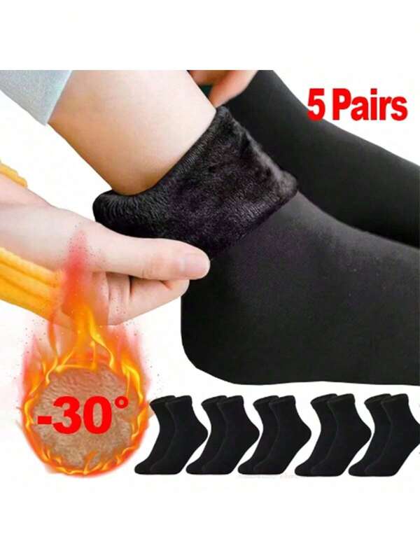 5 Pairs Thick Warm Knitted Socks, Mid-Calf Anti-Slip Snow Socks, Fluffy Lining, Unisex, Winter