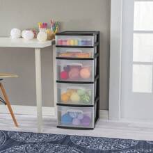 "5-Drawer Storage Tower With Black Frame And Clear Drawers – Space-Saving Organizer Unit"
