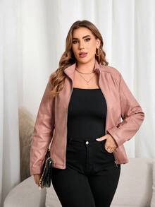 Giolshon 女士加大码休闲时尚骑行夹克，适合通勤和街头摄影，仿皮夹克，适合秋冬春季穿着。 - 粉色 - 查看 6