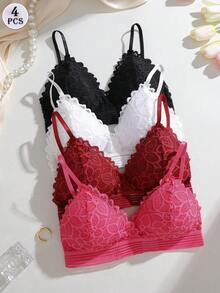 FINETOO 4 pezzi di reggiseni senza ferretto e con effetto push-up, di colori vivaci e in pizzo, biancheria intima comoda e sexy per le donne