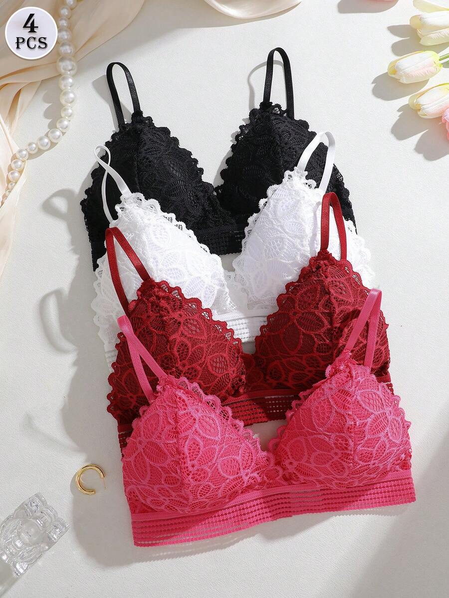 FINETOO 4 pezzi di reggiseni senza ferretto e con effetto push-up, di colori vivaci e in pizzo, biancheria intima comoda e sexy per le donne