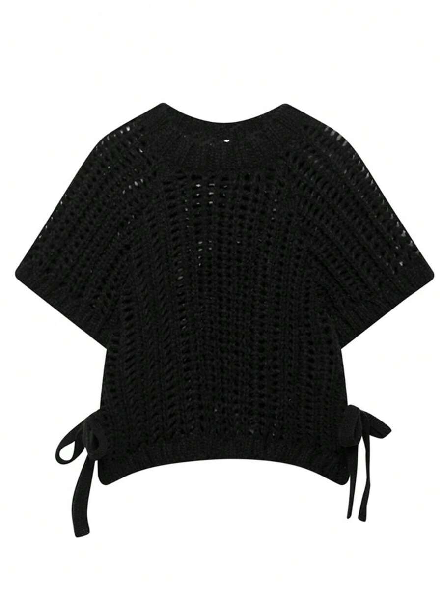 ZEVITY Women's Fashion Side Lace-Up Decor Hollow Casual Knit Sweater, Hem Slit Tie Design Thick Knit Pullover SW2515, Autumn/Winter - Black - View 1