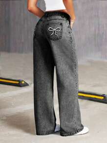 Teen Girl Fashion Streetwear Style, Bow Embroidered Detail, Casual Wide Leg Elastic Waist Jeans