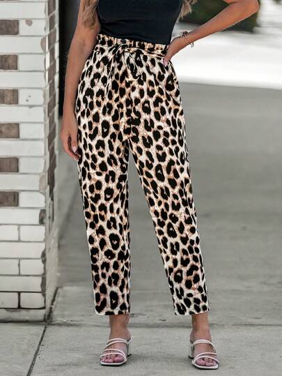 EMERY ROSE 女式简约豹纹系带休闲长裤，适合度假，春夏季，豹纹松紧腰锥形裤，腰部有绳索褶边，宽松休闲