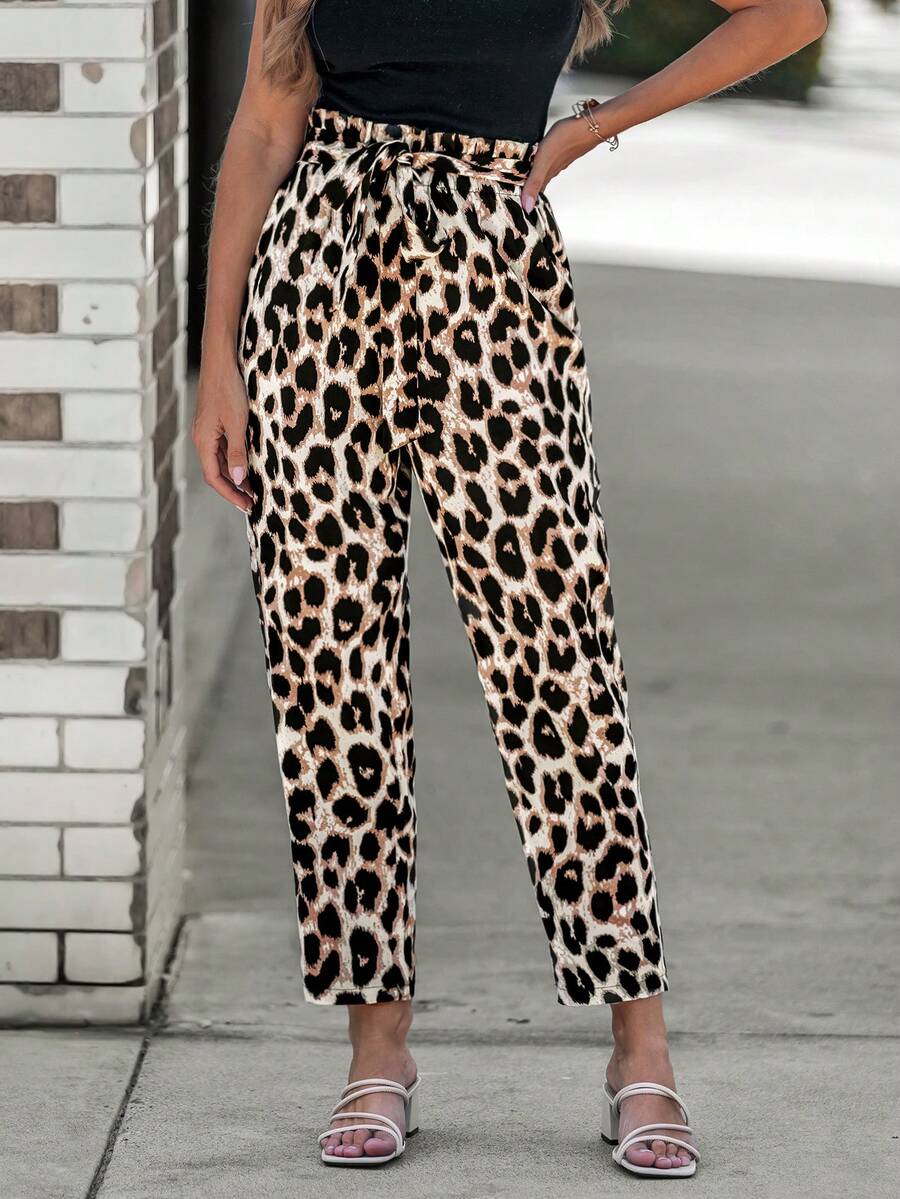 EMERY ROSE 女式简约豹纹系带休闲长裤，适合度假，春夏季，豹纹松紧腰锥形裤，腰部有绳索褶边，宽松休闲 - 彩色 - 查看 1