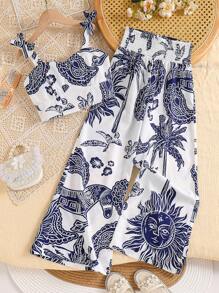 2 peças/Conjunto Casual de Meninas Pré-adolescentes com Laço e Conjunto de Calça Reta de Cintura Alta, Adequado para Férias na Praia, Verão
