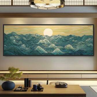 Lune et vagues Impression japonaise Ukiyo-E - Paysage marin panoramique, art mural abstrait vintage coloré pour la décoration de la maison et du dortoir, affiche sur canevas sans cadre