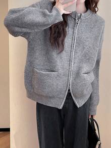 女士休闲时尚圆领开衫毛衣、长袖上衣