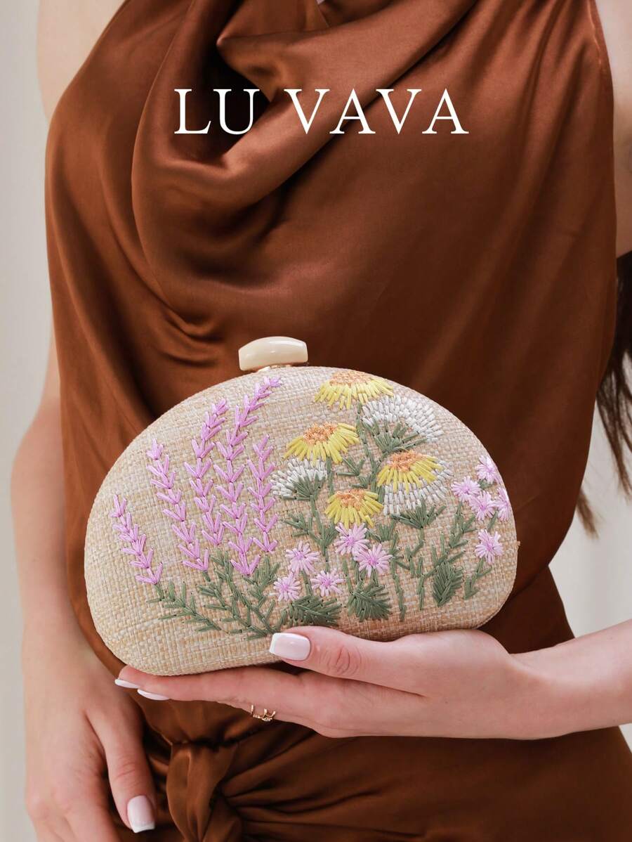 Bolso de mano de paja tejido a mano de LU VAVA con cadena dorada fija, bordado floral multicolor para boda en la playa, regalo para damas de honor bohemias, bolso para fiesta de picnic que cabe el teléfono