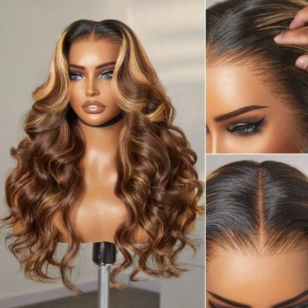 40 Inch 250% Density Wear And Go Glueless Wigs Body Wave Honey Blonde Ombre 5x5 HD Lace Closure Wigs Human Hair Highlight Body Wave Lace Front Wigs Human Hair Pre Plucked 250 Density Ready To Go Glueless 5X5 HD Lace Closure Wig For Women 4/27 Colored