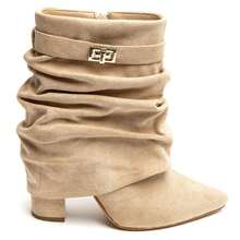 Women's Solid Color Pointed Toe Zipper Mid-Calf Boots With Buckle - Beige - View 3