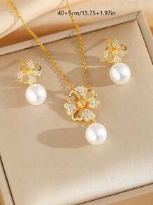 3 pièces Ensemble de bijoux mode luxueux avec collier et boucles d'oreilles pendentif fleur incrusté de cubic zirconia et faux perles, convient pour les femmes pour les fêtes et le port quotidien, idéal pour un cadeau de vacances