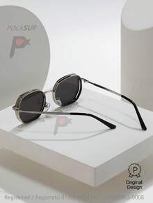015068863-0009-SX2358 1pc Men Metallic Geometric Polygon Fashion Glasses, Fashion Street-Style Eyewear, Suitable For Indoor/Outdoor Wear, All Season, Thick Frame With Ventilating Holes Design, Comes With PU Glasses Case Or Paper Box (Random) - Bạc - Xem 3