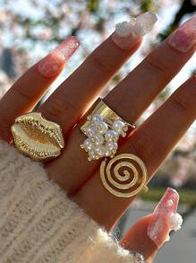 3 stuks vintage spiraalvormige metalen ringen, overdreven lip- en imitatieparelringset, damessieraden voor feesten en cadeaus