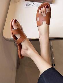 新款H型欧美大码平底凉鞋女简约时尚女鞋适合户外度假沙滩凉鞋夏季橙色凉鞋 - 卡其色 - 查看 7