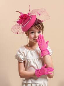 1 套儿童派对礼服，配有珍珠迷你帽和蕾丝手套组合，适合活动、派对和拍照 - 帽子和手套 - 查看 6