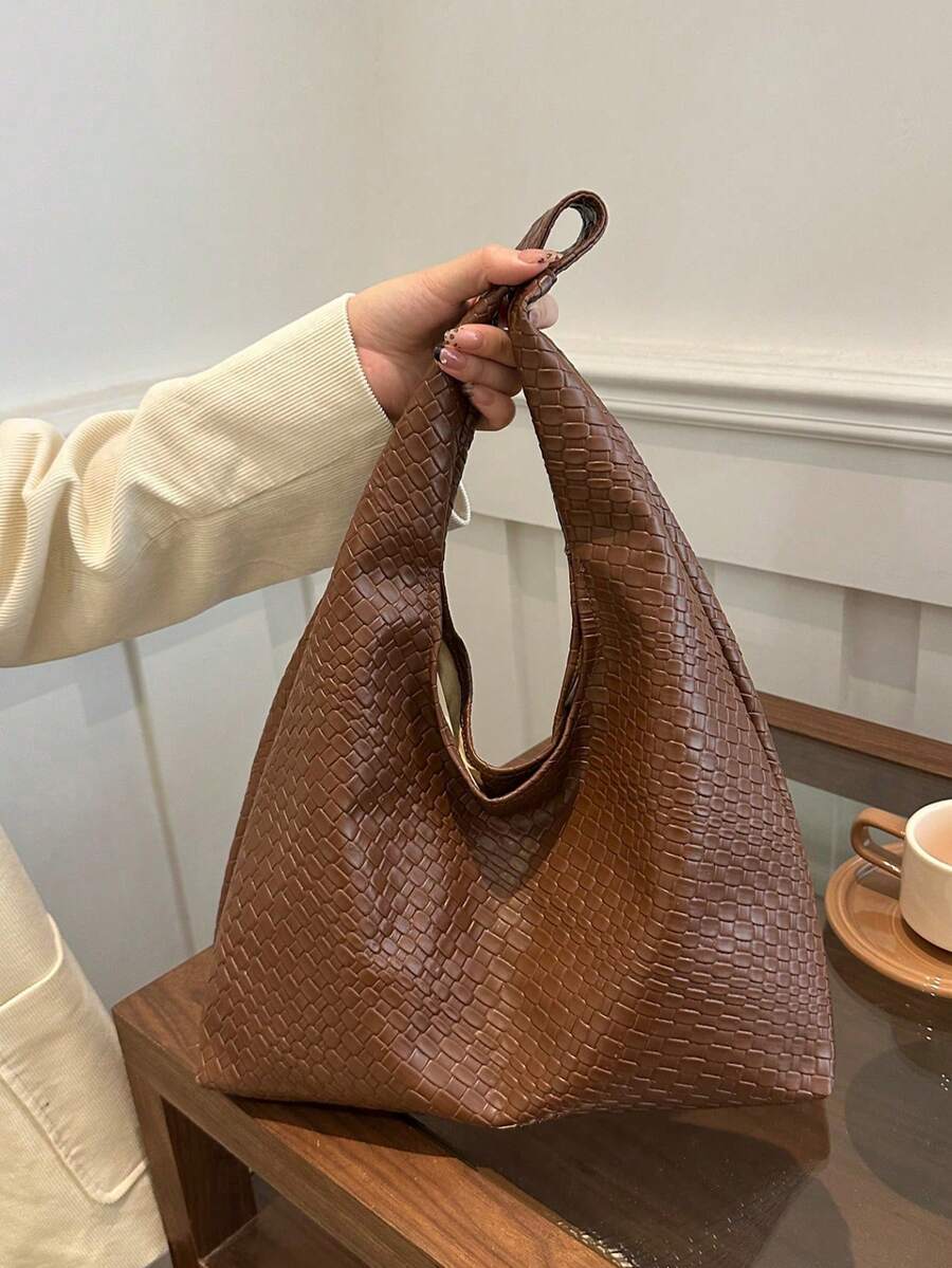 Bolsa de Ombro Diária de Moda Feminina de Grande Capacidade em Couro PU de Cor Sólida - Café - Visão 1