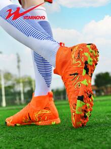 STARNOVO Authentic Dual Star Football Shoes, Unisex Fashion High-Top Sports Soccer Shoes, Camouflage Rubber Sole, Stylish Elastic Knit Collar High-Top Design, Vibrant Color Combinations, Suitable For Middle/Primary School Students' Football Training, Matches, And Daily Commute