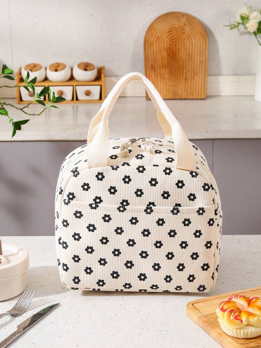 1pc Floral Corduroy Large Insulated Lunch Bag, Corduroy Fabric Feels Comfortable, Internal Aluminum Foil Keeps Warm & Waterproof, Handheld Big Capacity Lunch Tote For Work, School, Picnic Back To School School Stuff Bag For School Lunch Bag For Women Cooler Bag Picnic Accessories School Accessories
