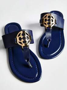 Sandalias deslizantes cómodas y acolchadas con decoración metálica para mujer, regalo de Navidad de invierno - Azul Marino - Ver 4