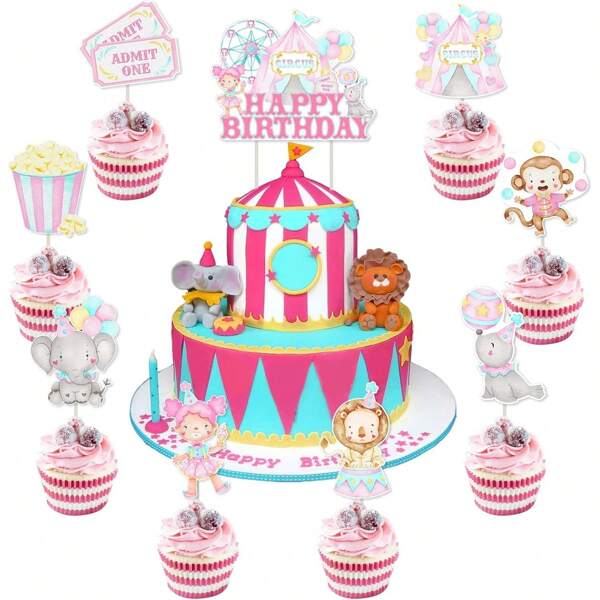 25Pcs Circus Birthday Party Cake Toppers Pink Pastel Carnival Circus Animal Cake Decorations For 1st 2nd 3rd 4th 5th Birthday Party Decorations