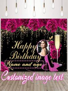 1pc Customized Birthday Backdrop, Pink Champagne High Heels Theme, Customized , Age, Name, Birthday Party Backdrop For Celebration, Anniversary Decoration - Item 3 - View 2