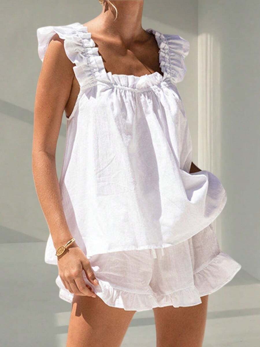Women Summer 2 Pieces Pajama Outfit Set Y2K Ruffle Sleeveless Crop Tank Tops And Ruffled Mini Shorts Sets Cute Pjs Sleepwear Loungewear - trắng - Xem 1