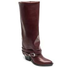 Women's Plain Pointed Toe Zipper Fashion Mid-Calf Boots With Buckle - Burgundy - View 2