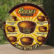 复古 Reese's 花生酱杯金属标牌 - 8 英寸圆形铝制墙壁艺术，带有巧克力和花生酱杯设计 - 复古家居、酒吧、咖啡厅、办公室装饰、可可吧装饰 - 彩色 - 查看 1