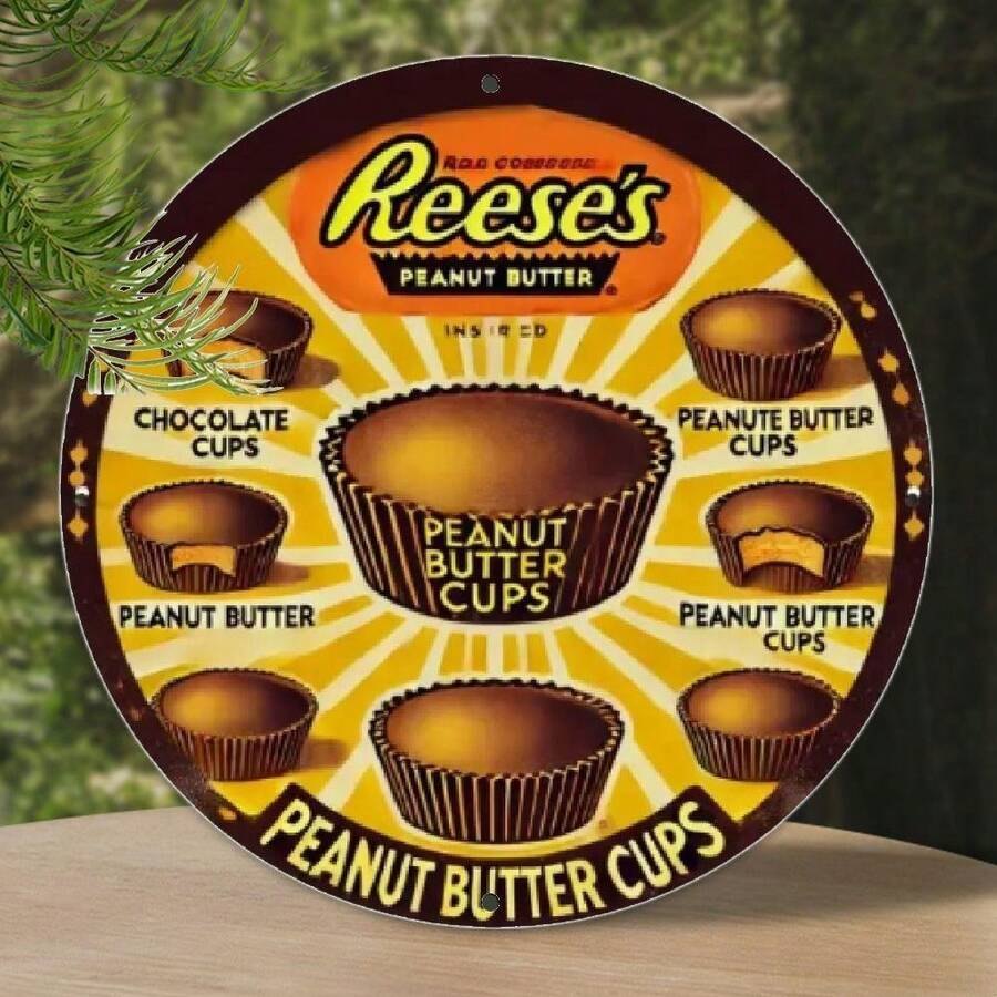 复古 Reese's 花生酱杯金属标牌 - 8 英寸圆形铝制墙壁艺术，带有巧克力和花生酱杯设计 - 复古家居、酒吧、咖啡厅、办公室装饰、可可吧装饰 - 彩色 - 查看 1