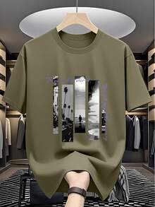 Graphic Print Round Neck Short Sleeve T-Shirt For Men, Suitable For Summer - 軍綠色 - 查看 1