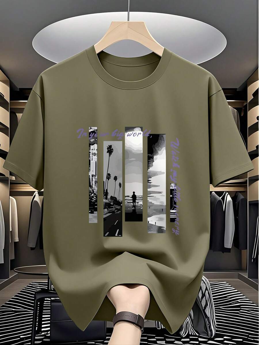 Graphic Print Round Neck Short Sleeve T-Shirt For Men, Suitable For Summer - 軍綠色 - 查看 1