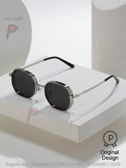 015068863-0009-SX2358 1 قطعة نظارات شمسية معدنية للرجال بتصميم هندسي أنيق، أسلوب شارع راقي، مناسبة للارتداء داخل وخارج المنزل، طوال العام، إطار سميك مع تصميم فتحات تهوية، تأتي مع علبة نظارات جلد اصطناعي (PU) أو علبة ورقية (عشوائية)