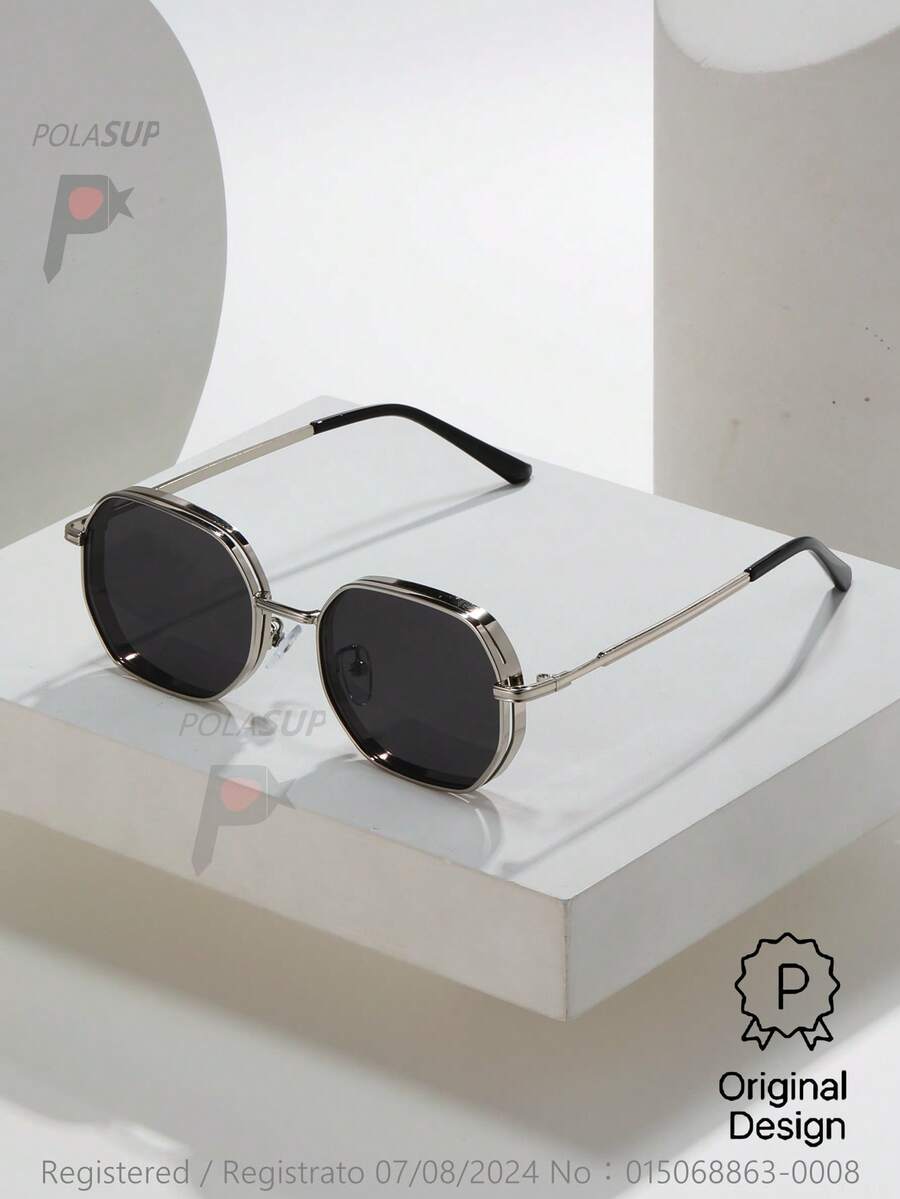 015068863-0009-SX2358 1pc Men Metallic Geometric Polygon Fashion Glasses, Fashion Street-Style Eyewear, Suitable For Indoor/Outdoor Wear, All Season, Thick Frame With Ventilating Holes Design, Comes With PU Glasses Case Or Paper Box (Random) - Bạc - Xem 1