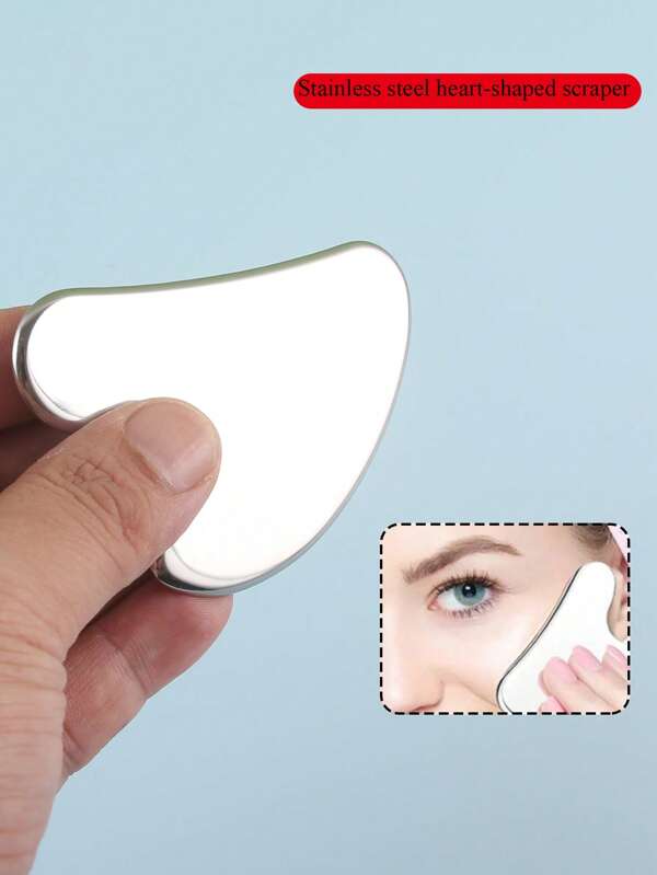 1 pièce Outil de massage Gua Sha en forme de cœur en acier inoxydable argenté, avec sac de transport, adapté pour un usage à domicile et en salon, lifting du visage, nettoyage des impuretés
