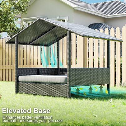 PE Rattan Dog House With Canopy, Suitable For Small And Medium Dogs, With Removable Cushion And Washable Cover, For Patio, Deck, Yard Or Poolside, Indoor And Outdoor Use