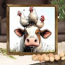 1 Piece Country Style Wooden Frame Tag - Stacked Cow Pig Chicken Farm Animal Painting, Handmade Wood Wall Art & Desktop Decoration, Suitable For Birthday, Home Office, No Electricity Required, Pastoral Wall Decoration|Fun Animal Art|Cow Pattern Decoration - Wood Panel Painting - View 4