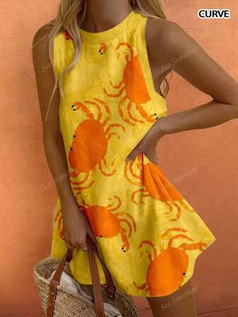 Tenue de plage bohème grande taille, mode de printemps et d'été pour les vacances. Robe imprimée avec lettres anglaises, monde océanique vibrant, sardine tropicale, pour un brunch casual