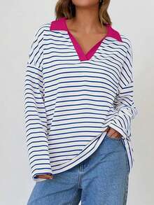 Women Striped Patchwork Pullover Soft Fashionable Oversized Long Sleeve Top, Elegant Loose Casual Striped Y2K Shirt, Classic Comfortable Crewneck Sweater, Striped Color Block Daily Wear