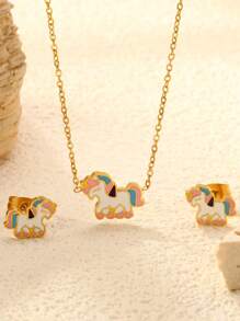 Set de collier et boucles d'oreilles en acier inoxydable pour femmes, avec gouttes de couleurs douces, poney mélangé et papillons. Bijoux personnalisés créatifs, cadeau idéal pour l'été