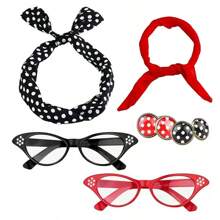 D EXCEED 6PCS Vintage 1950s Women's Accessory Collection | Retro-Inspired Prop Cat-Eye Glasses, Scarf Collar Headbands & Silk Hair Scarves With Polka Dot Stud Earrings - Perfect For Vintage-Themed Parties & Events