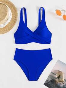 Women's Sexy Criss-Cross Front V-Neck High Waist Solid Color Bikini 2 Pieces Swimwear