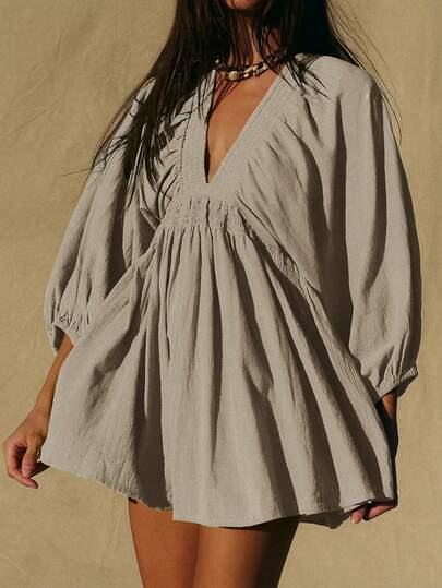 春夏新款女士休闲性感深 V 领灯笼袖迷你连衣裙，优雅街头时尚度假波西米亚风/西部风/热带风/太阳裙