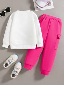 Tween Girl Letter Graphic Print Crew Neck Sweatshirt And Sweatpants Set - White - View 2