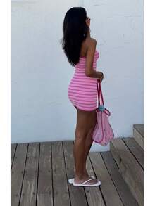 2025 Summer New Women's Striped Knit Dress Sling Short Dress For Beach Party Wear - 粉色 - 查看 7