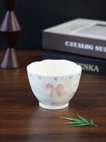 1pc/5pcs Cute Cartoon Heart & Bow Handle Ceramic Mugs, Family Gathering Tableware, Breakfast Milk Cup, Afternoon Tea Coffee Cup, Holiday Souvenir, Birthday Gift Back To School
