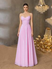 Elisanya 优雅心形领口连衣裙，胸部线条立体，鱼骨纹缝线设计——飘逸的褶裥雪纺裙摆，适合春夏正式场合（柔和粉色调，百搭婚礼及晚宴礼服）夏季连衣裙 春季服装 派对 - 粉色 - 查看 3